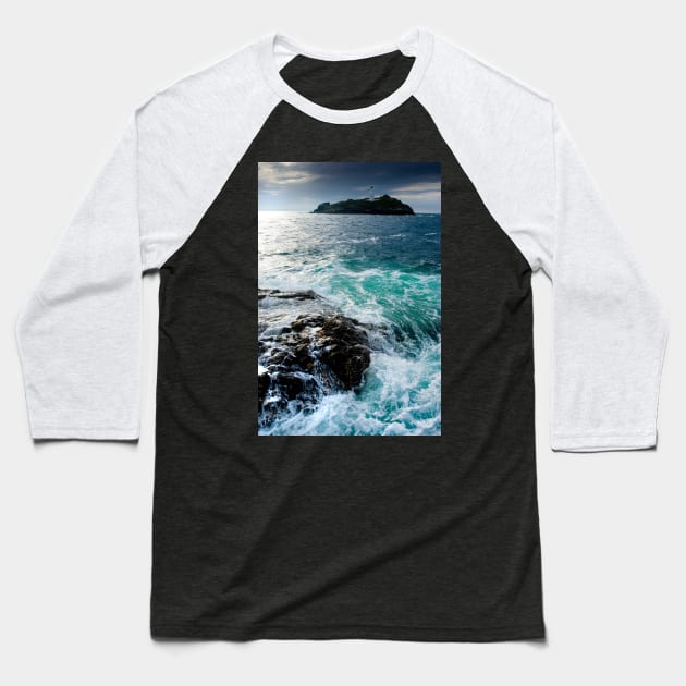 Godrevy Rocks Cornwall Baseball T-Shirt by LANStudios